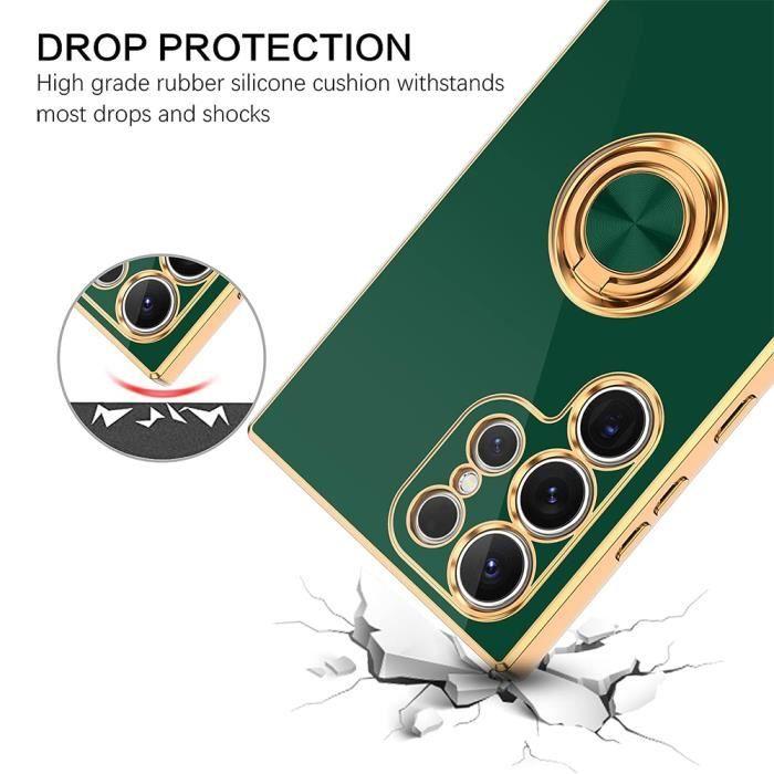 Coque Silicone - BOOLING - pour Samsung Galaxy S22 Ultra - Protection Antichoc - Anneau Rotatif - Vert Nuit