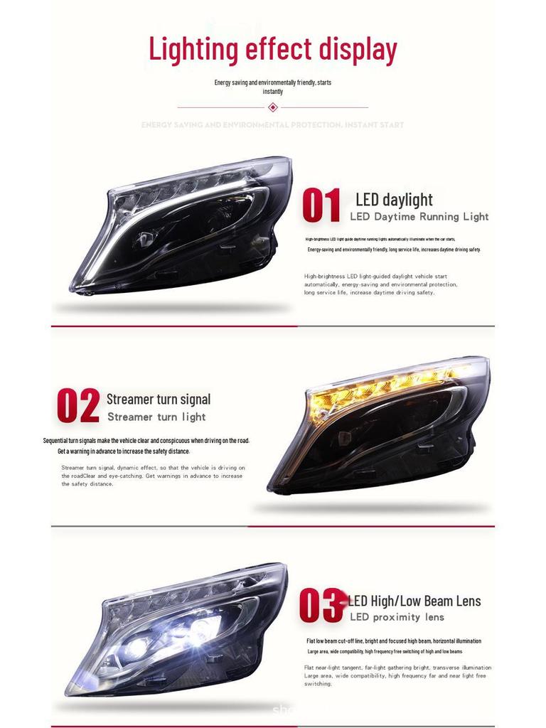 Mercedes-Benz V-Class VITO Viano LED Headlight Assembly with Daytime Running Light & Sequential Turn Signal.