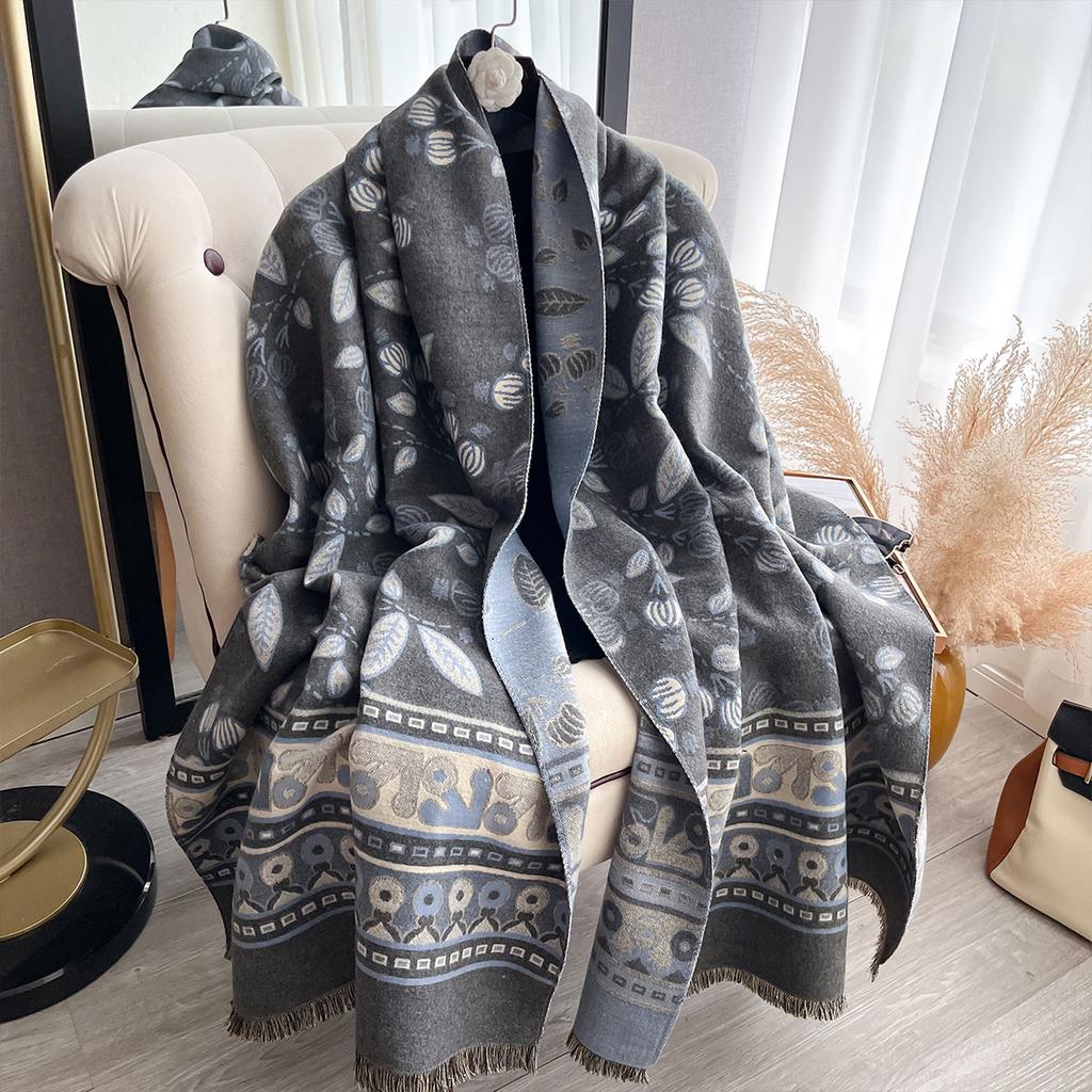 Роскошный женский двусторонний геометрический кашемировый шарф с опавшими листьями, мягкая теплая шаль, зимнее уличное непродуваемое одеяло, защищающее от холода