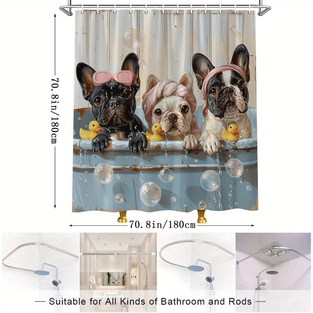 Cute French Bulldog Shower Curtain - Playful Bathing Scene, Fashion Glasses & Towels, Polyester, 12 Hooks, Whimsical Art