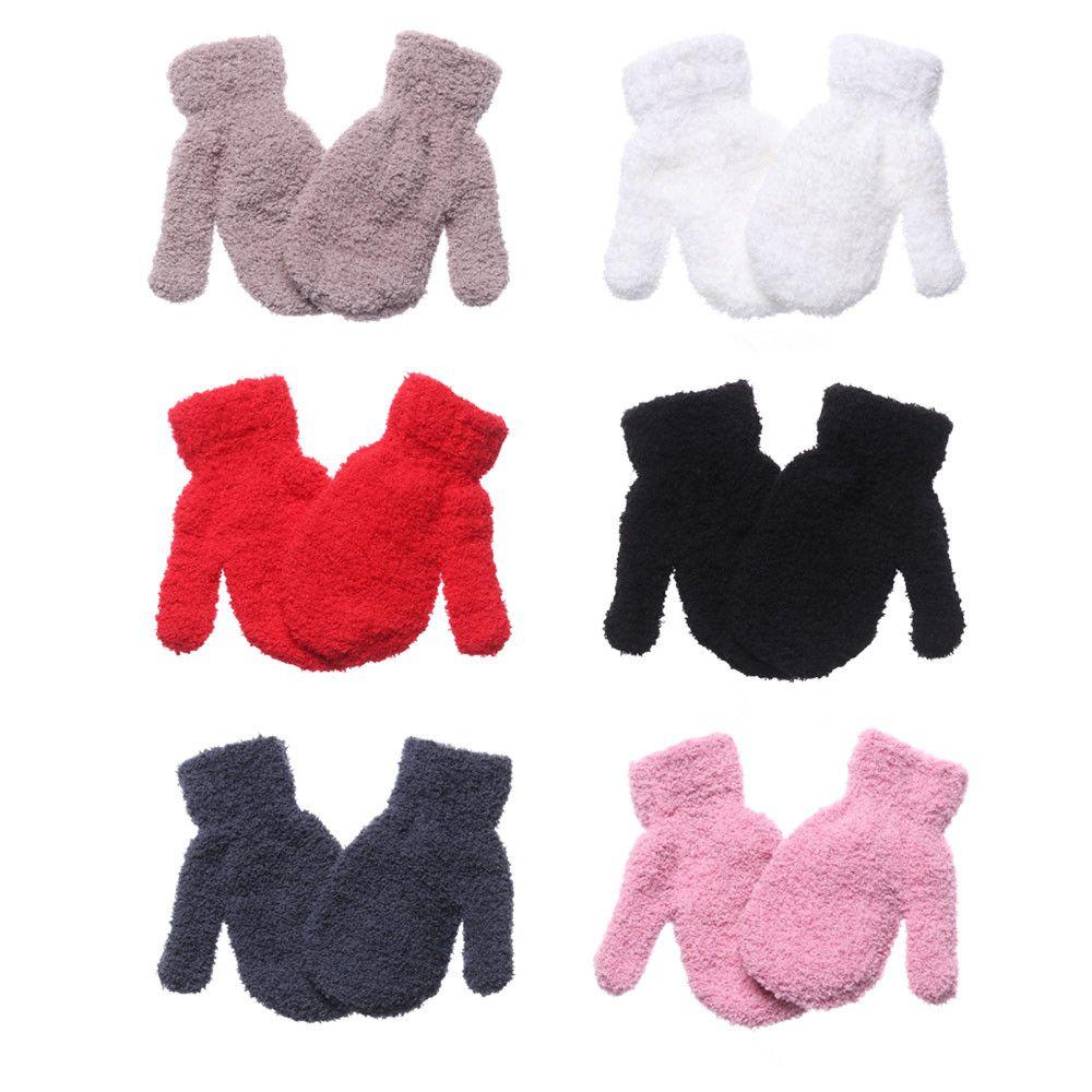 Boys Girls Winter Lovely Baby Cartoon Full Fingers Coral Plush Mittens Candy Color Kids Gloves