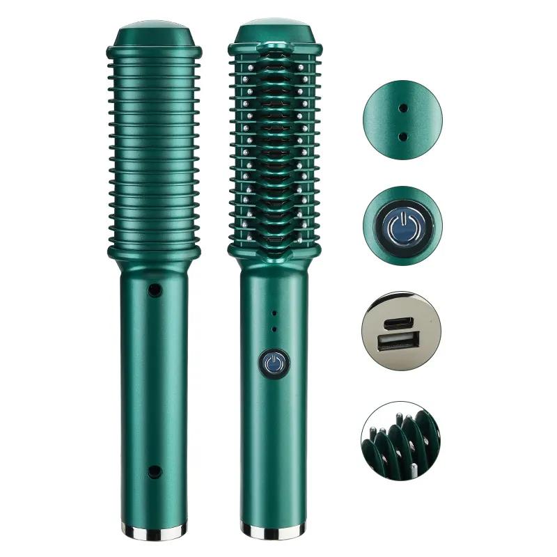 2 In 1Cordless Hair Straightener Brush Curler for Women Negative Ionic Anti Scalding Comb Teeth Fast Heating USB Rechargeable