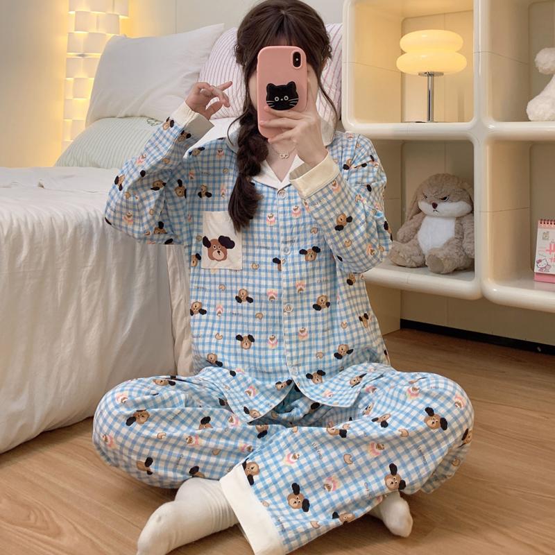 Cartoon Dog Sweet Cute Pajama Woman Winter Lapel Neck Plaid Long Sleeve Sleepwear for Sleeping Casual Nightwear
