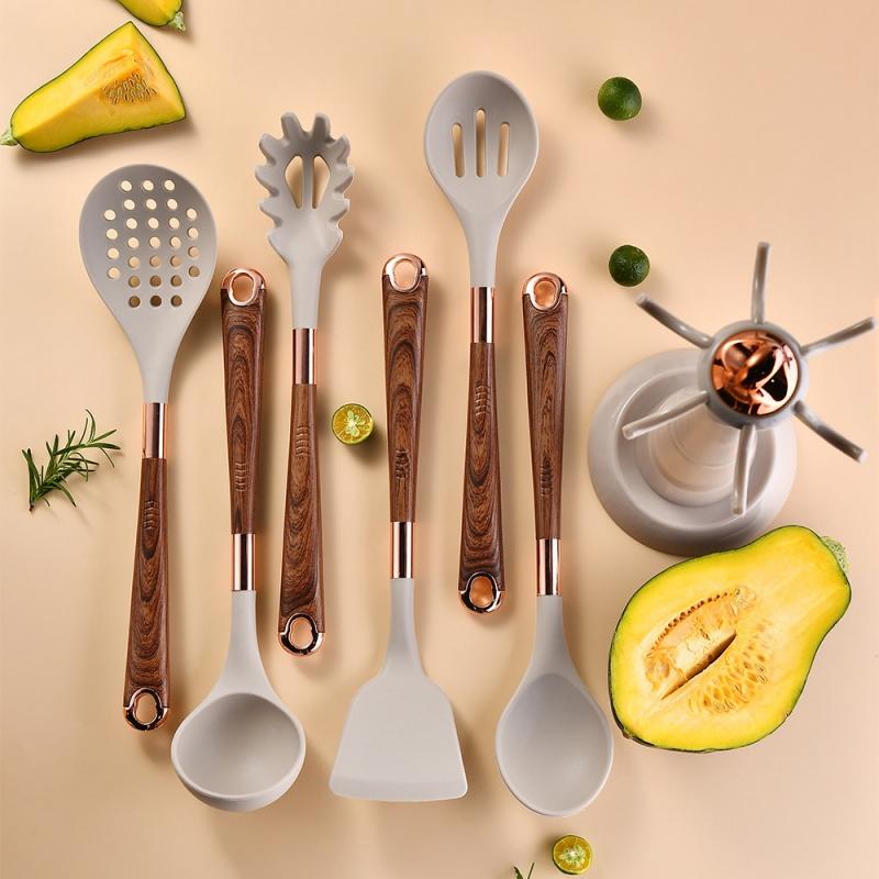 7 PCS Silicone Cooking Kitchen Utensil Set Wooden Handle Kitchen Baking Tools Kitchenware Accessories Storage Bucket