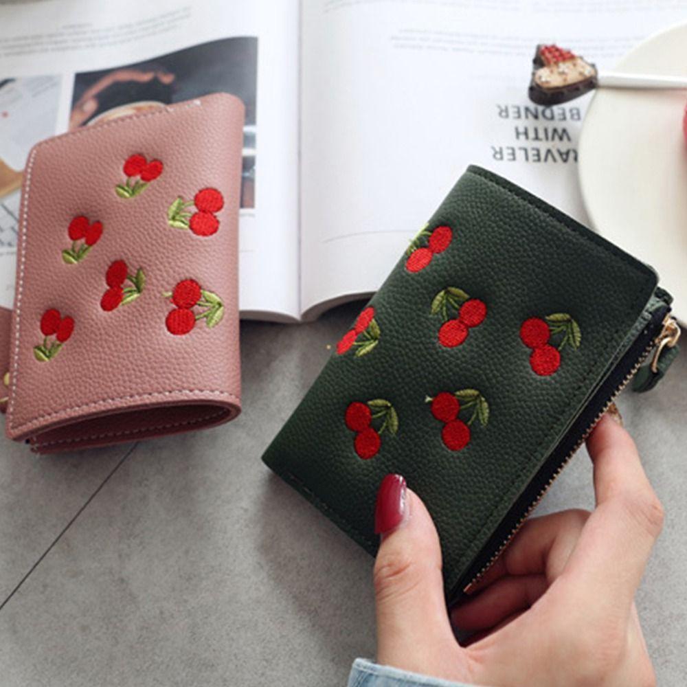 PU Leather Retro Cherry Wallets Card Bag Zipper Change Bag Fashion Short Clutch Bag Women
