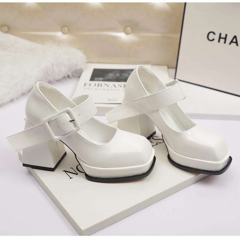 Женская обувь Мэри Джейн, женские туфли-лодочки на высоком каблуке и платформе, лакированные кожаные туфли с квадратным носком, женские туфли на высоком массивном каблуке