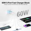 Зарядное устройство USB C, 60 Вт, 5 портов Type C, Быстрая зарядка, Адаптер-вилка настенного зарядного устройства USB C с несколькими портами для iPhone