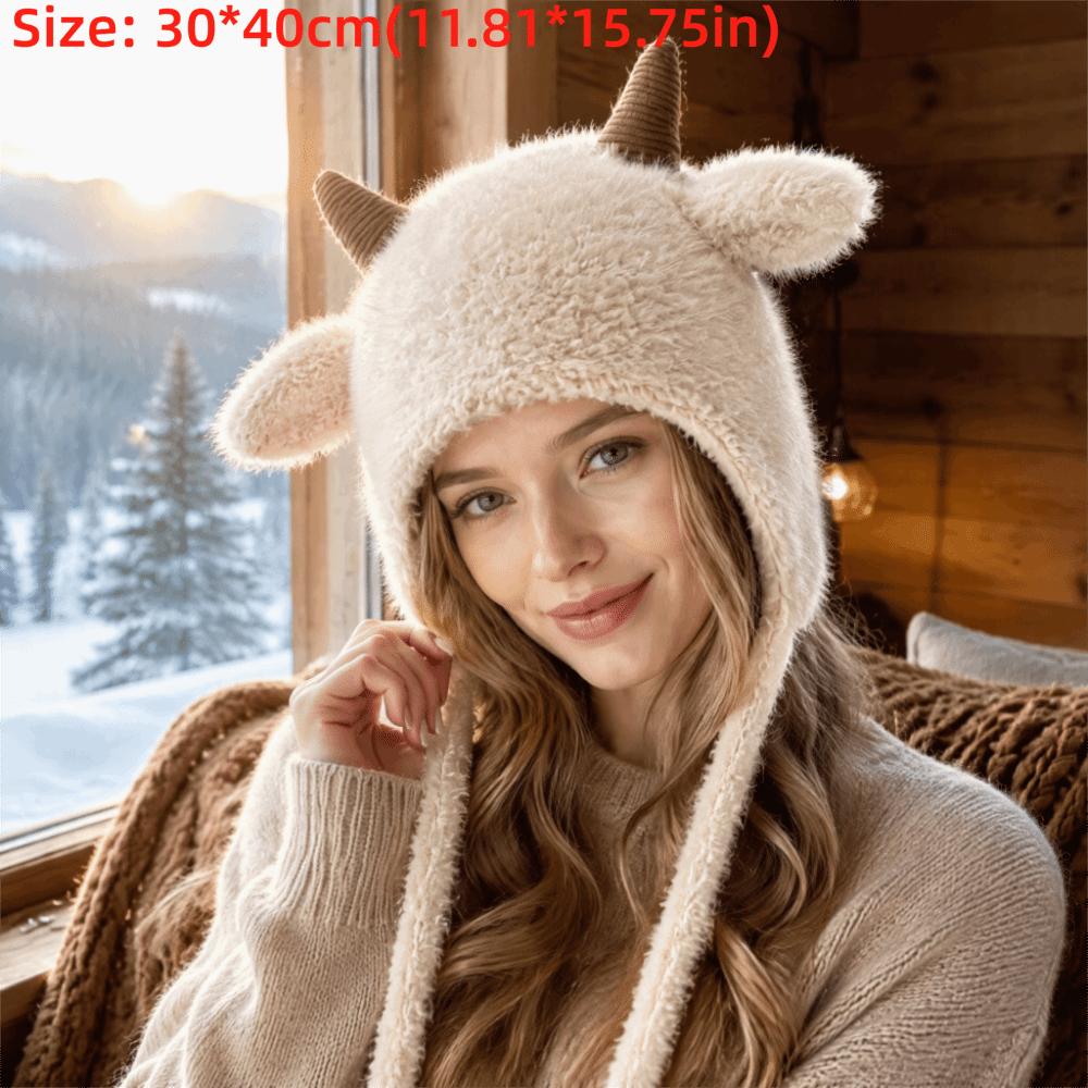 Fleece Lined Knitted Hat Korean Style Pullover Hat Cute Sheep Horn Hat Daily Outing