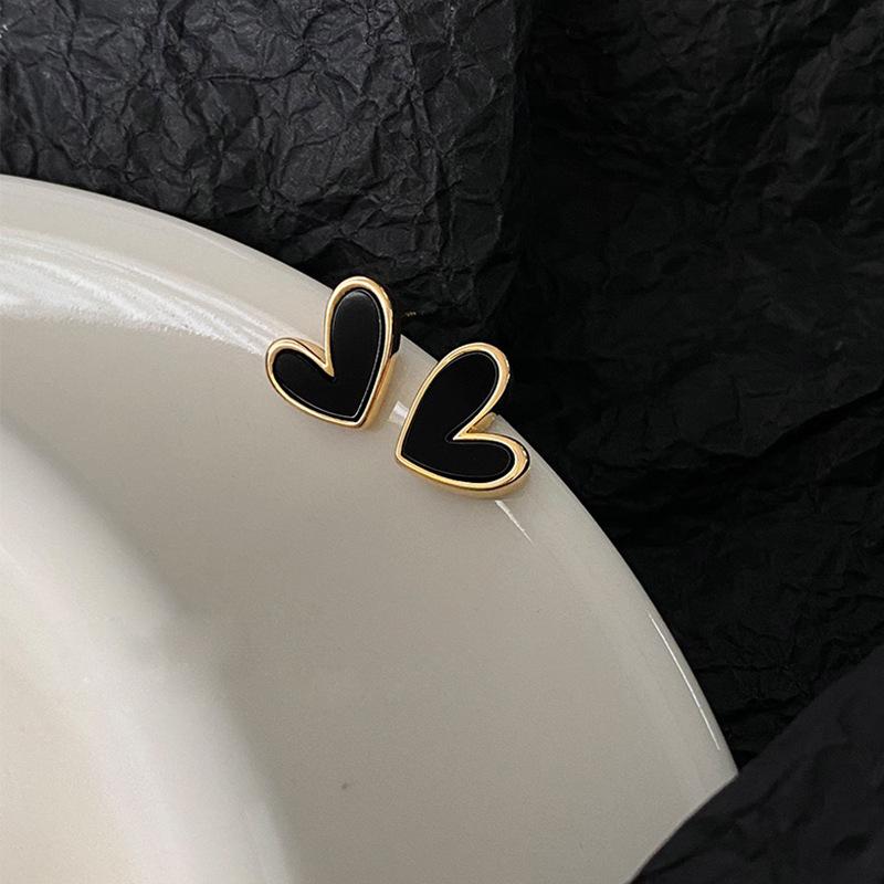 Korean Sweet Cute Black Heart Stud Earrings for Women Girl Fashion Blue Glaze Aesthetic Geometric Earrings Jewelry Gift