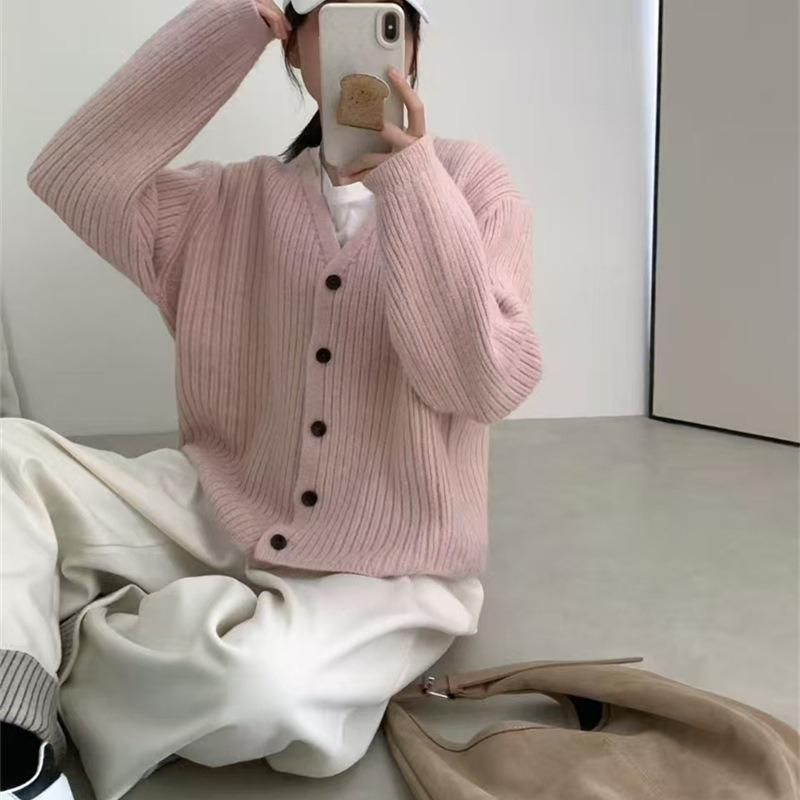 Винтажный ленивый ветер V-образный вырез вязаный кардиган женская одежда осень и зима новый свободный высококлассный свитер с длинным рукавом куртка женская