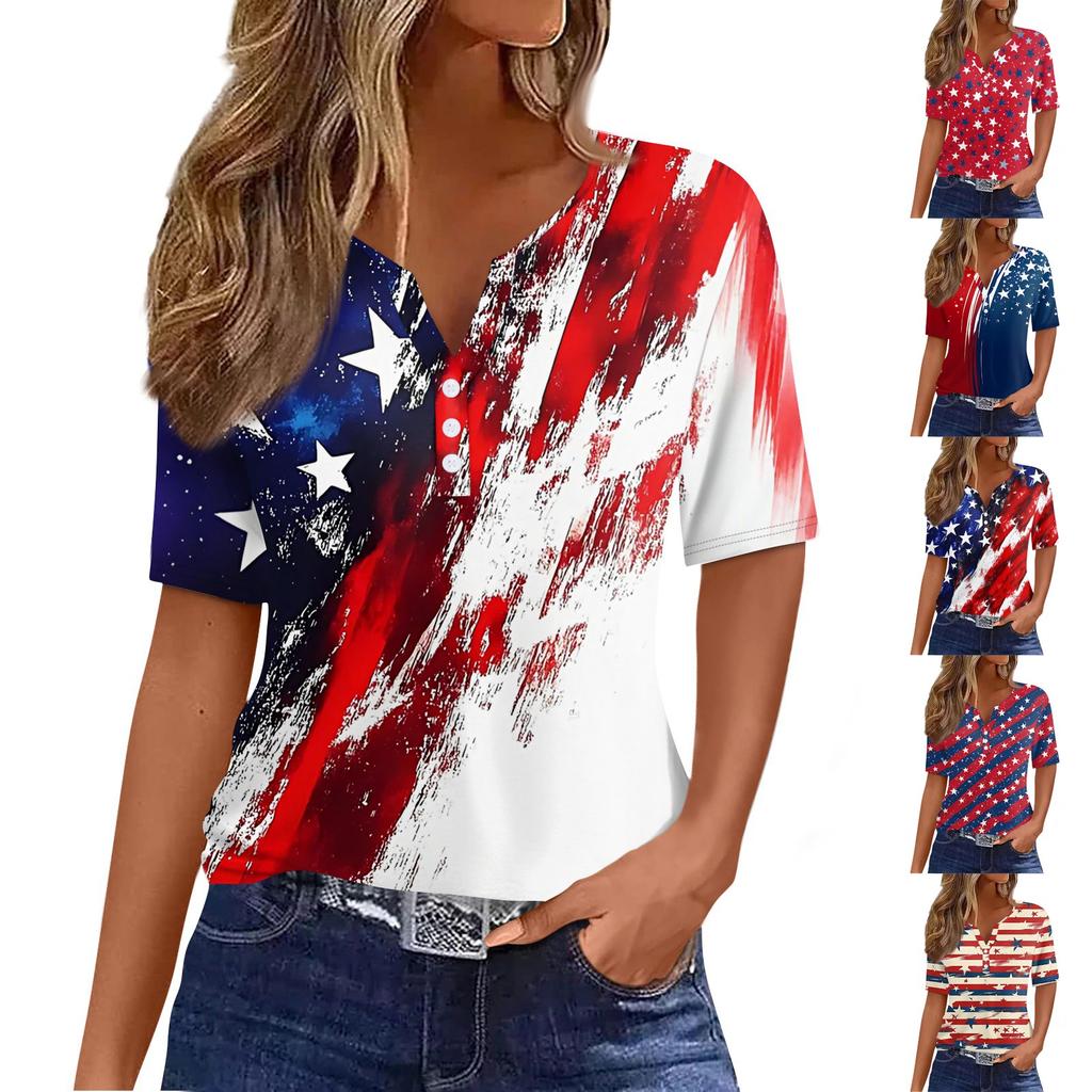Women's T Shirt Independence Day Print Button Short Sleeve Daily Weekend Fashion Basic V- Neck Regular Top