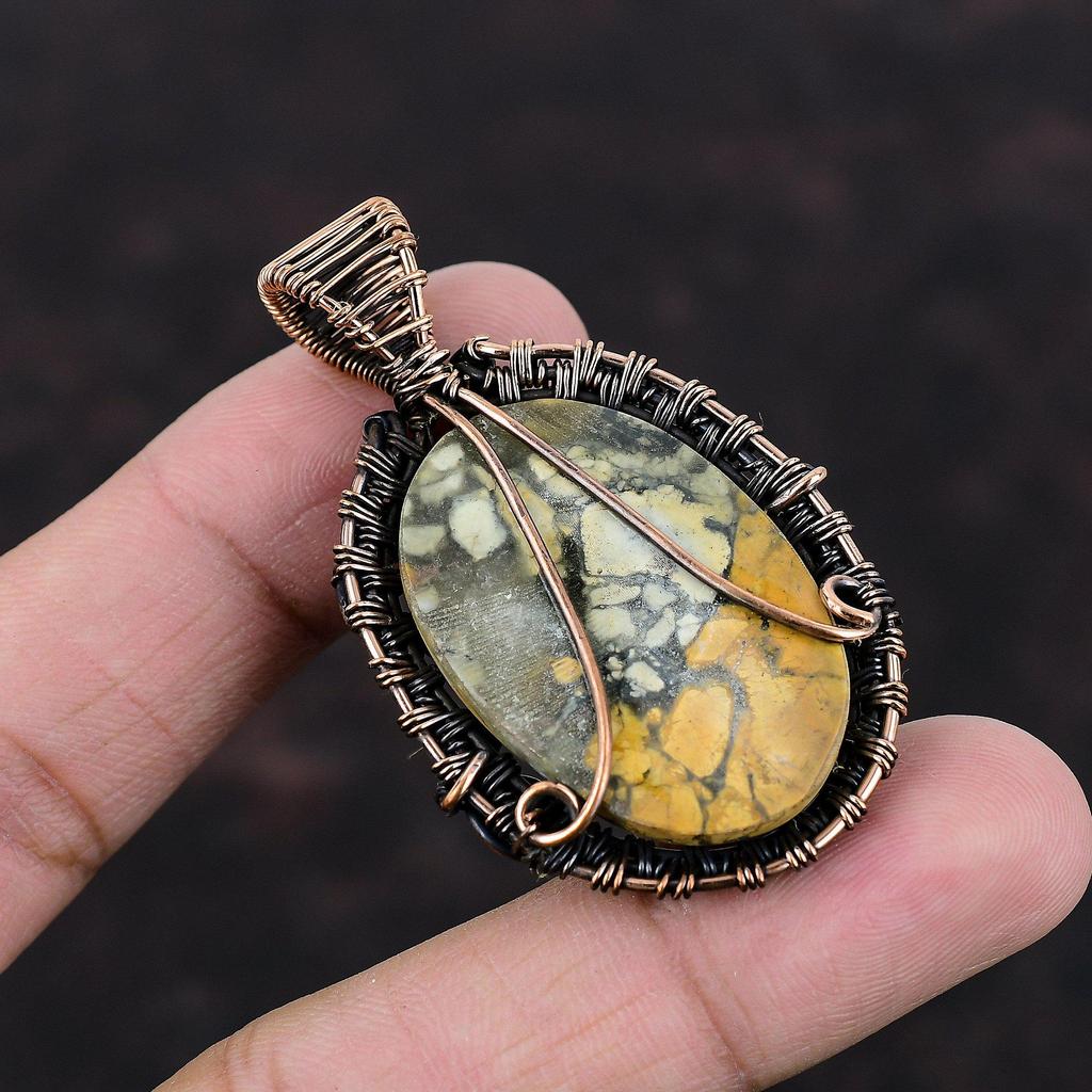 Подвеска из яшмы Малигано Кулон из медной проволоки Кулон из натурального драгоценного камня Красивые медные украшения Дизайнерский кулон ручной работы Подарок для него