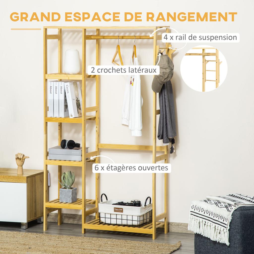 Bamboo Clothes Rack with Shelves, Hanging Rail and 2 Hooks, 90x30x155cm