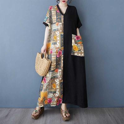 Женское черное длинное платье в стиле пэчворк, ретро-халат