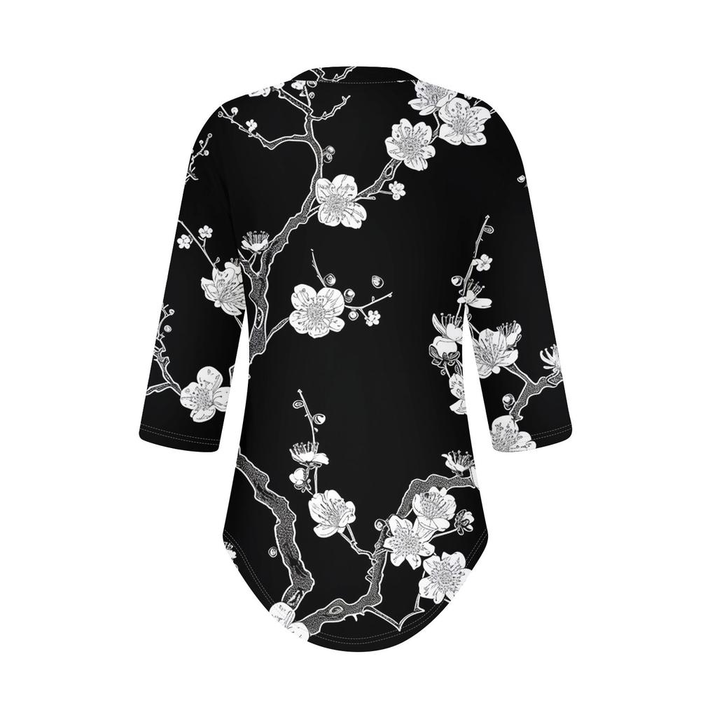 3/4 Length Sleeve Womens Tops Summer T-Shirts Floral Print V Neck Casual Basic Tee Button Shirts Tunic Tops