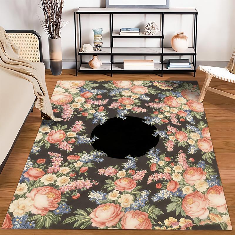 Floral Carpet with Peonies and Wildflowers on Black Background Suitable for use as an anti-slip for living room bedroom sofas