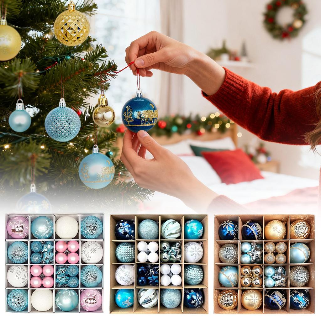 44pcs Christmas Tree Ornament Plastic Ball Decorations For DIY Crafts And Painted Designed Boxes Pendant