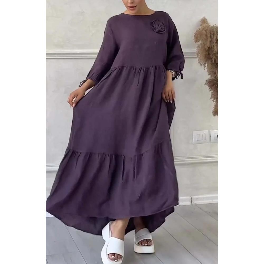 Женское однотонное повседневное длинное платье с круглым вырезом и длинными рукавами на шнуровке на шнуровке больших размеров