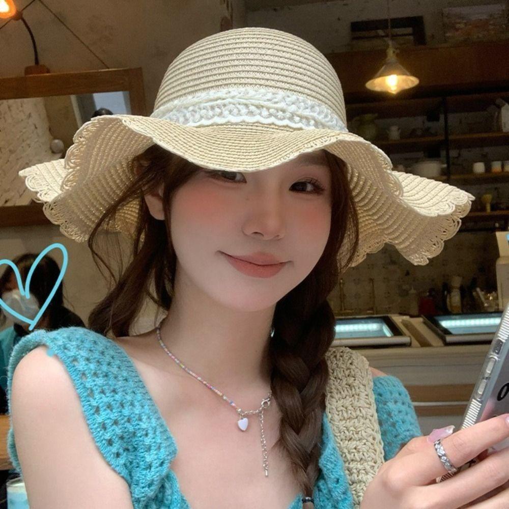 Весенне-летняя пляжная соломенная шляпа во французском стиле, женская шляпа от солнца, элегантная соломенная шляпа с кружевным бантом для отдыха на открытом воздухе