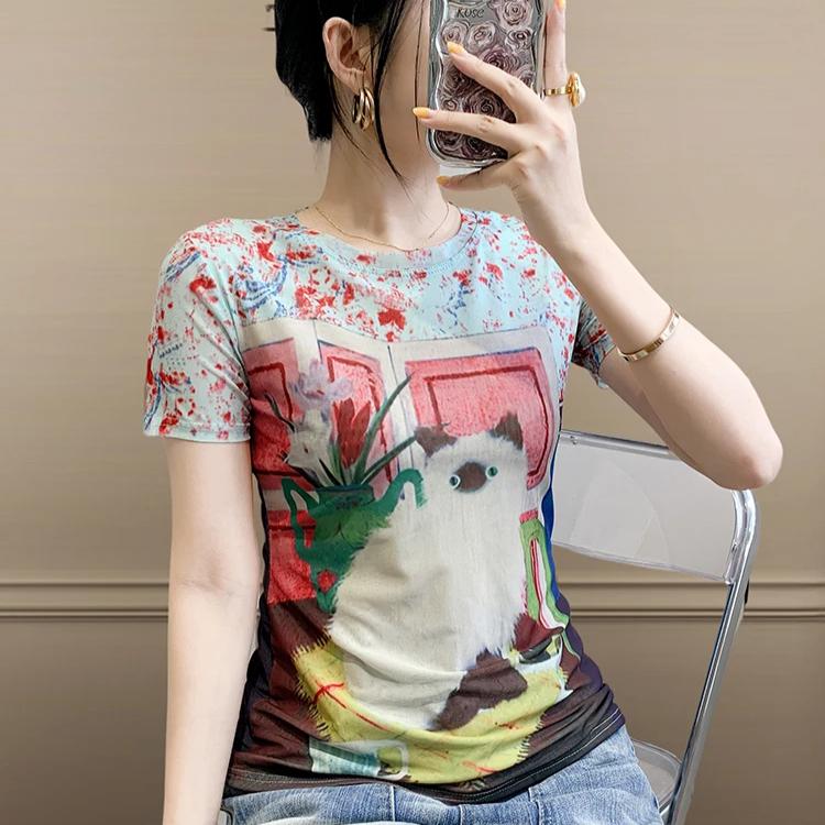 Шикарные женские футболки с коротким рукавом, одежда, мода, эластичные, облегающие летние топы, классический принт, повседневные футболки, блузка