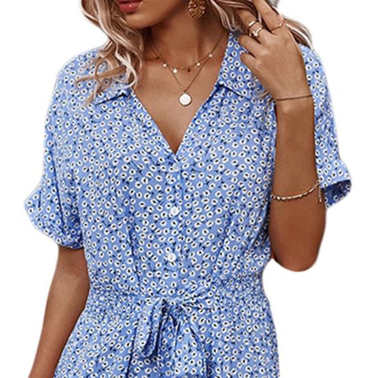 Women Summer Floral Midi Dress Short Sleeve Button Down Belted Dress Casual V Neck Shirt Dress with Slit Hem