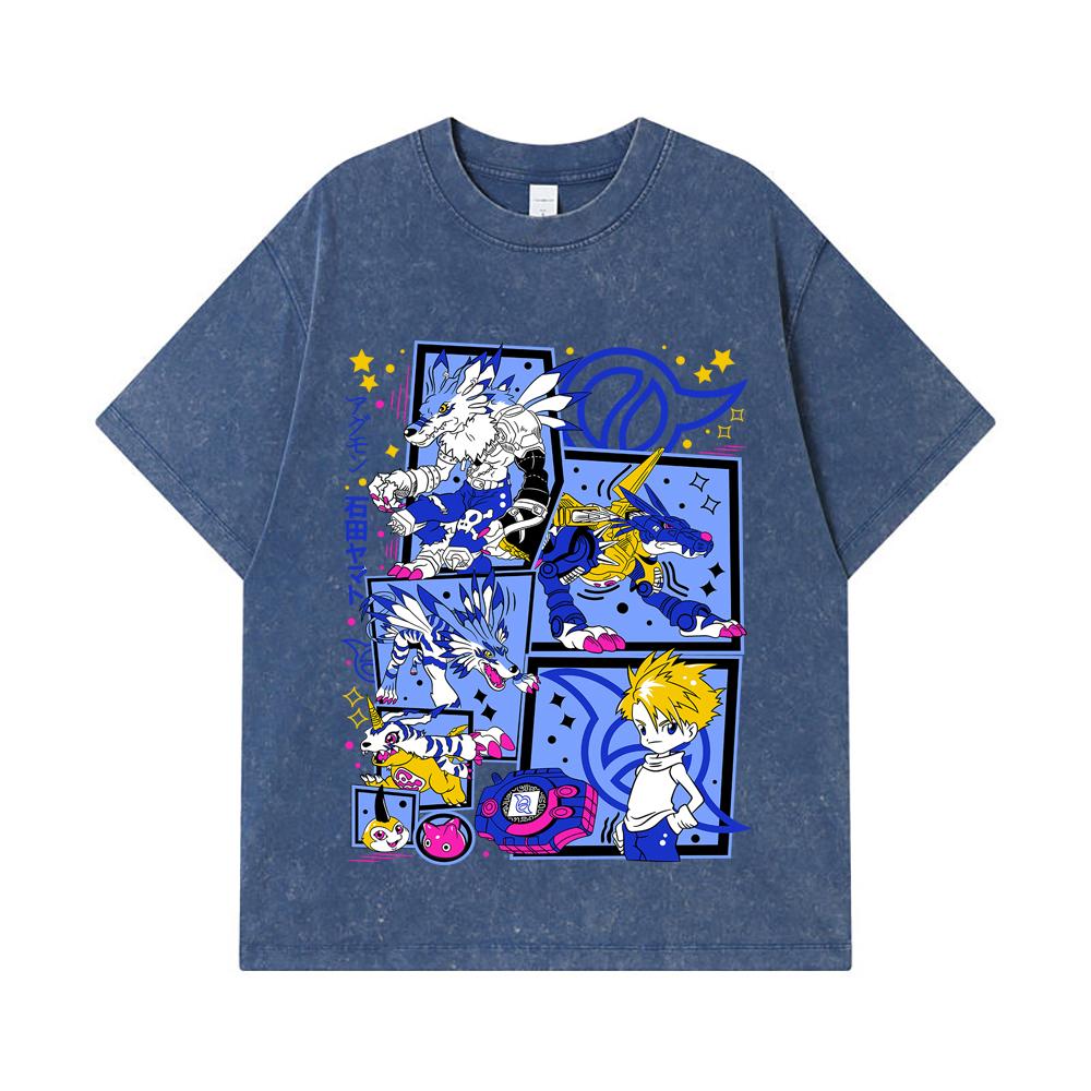 275 GSM Washed T-shirts 100% Cotton Digimon V2 Garurumon Print Unisex Heavy Cotton T Shirt