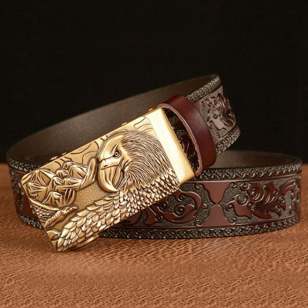 Ремень из натуральной кожи для мужчин с резным узором в виде животного орла, автоматическая пряжка, ремень для джинсов