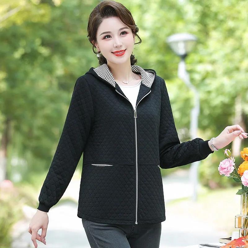 Women's Spring Short Hooded Jacket, Middle Aged and Elderly, Solid Color Style, Slim Fit Jacket