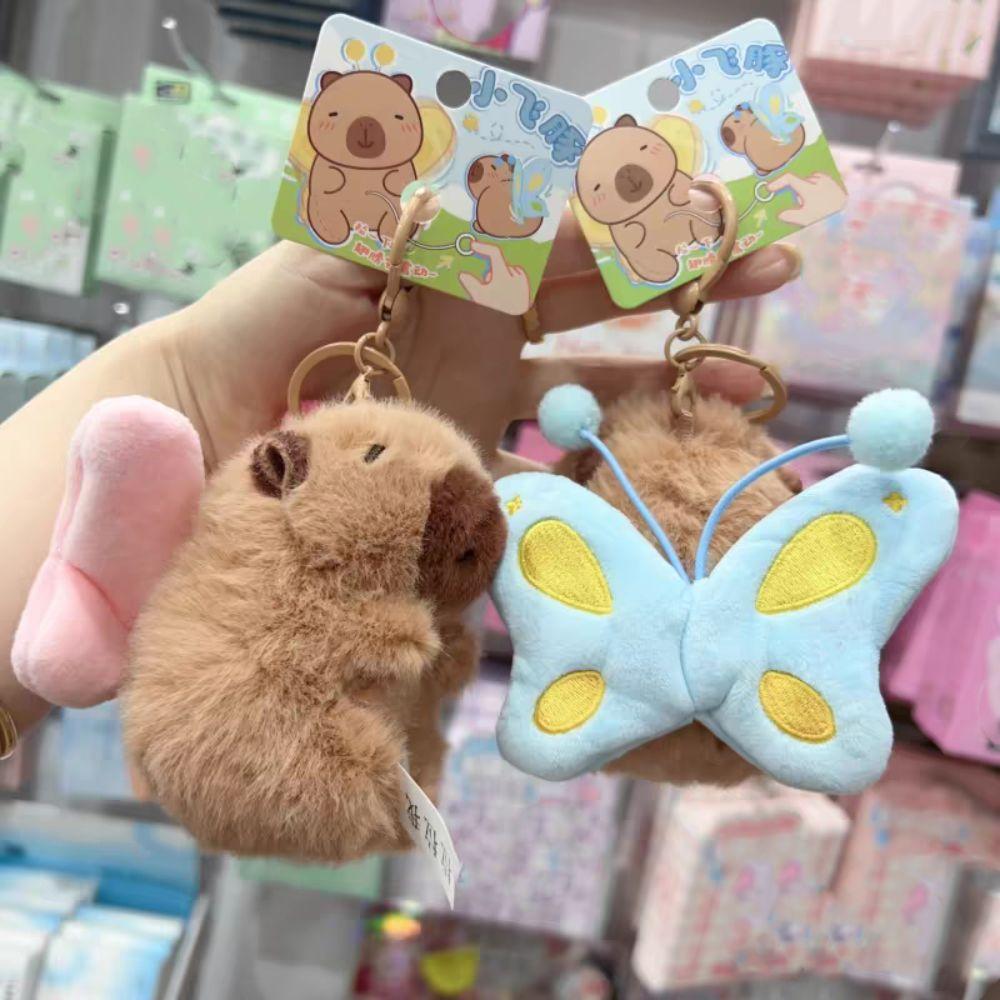 Cartoon Plush Capybara Keychain Pull Butterfly Car Keyring Funny Capybara Dolls Pendant  Bag Decor