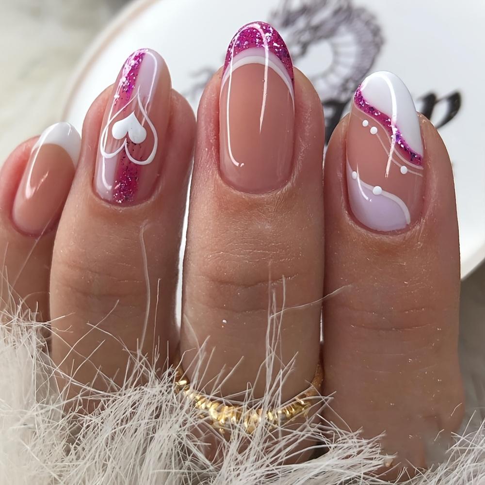 24Pcs water drop press-on nails with shiny heart patterns, sweet Valentine's Day style for daily wear.
