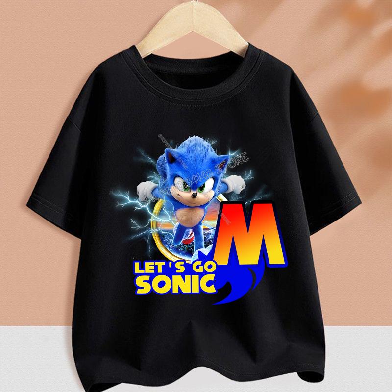 Sonics T-shirt for Children Cartoon A-Z Letter Tee Top Round Collar Clothing Summer Short Sleeve Kids Anime Partern Clothes Gift