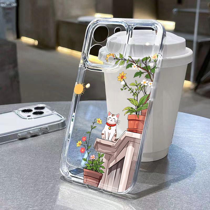 Милый чехол с кошкой и цветами для iPhone 17 16 Pro Max 15 Plus 14 Pro 13 12 11 17 Air 16E X XR XS 7 8 Plus, прозрачный, мягкий