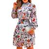 Piled Collar Long Sleeve Elastic Waist High-Waist Mini Dress Flower Print Ruffle Stitching Hem Summer Dress Female Clothes