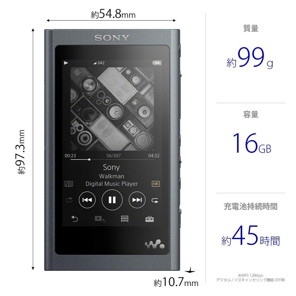 Sony Walkman серии A MP3-плеер емкостью 16 ГБ, Bluetooth, совместимость с microSD, поддержка высокого разрешения, до 45 часов непрерывного воспроизведения, модель 2018 года, сероватый