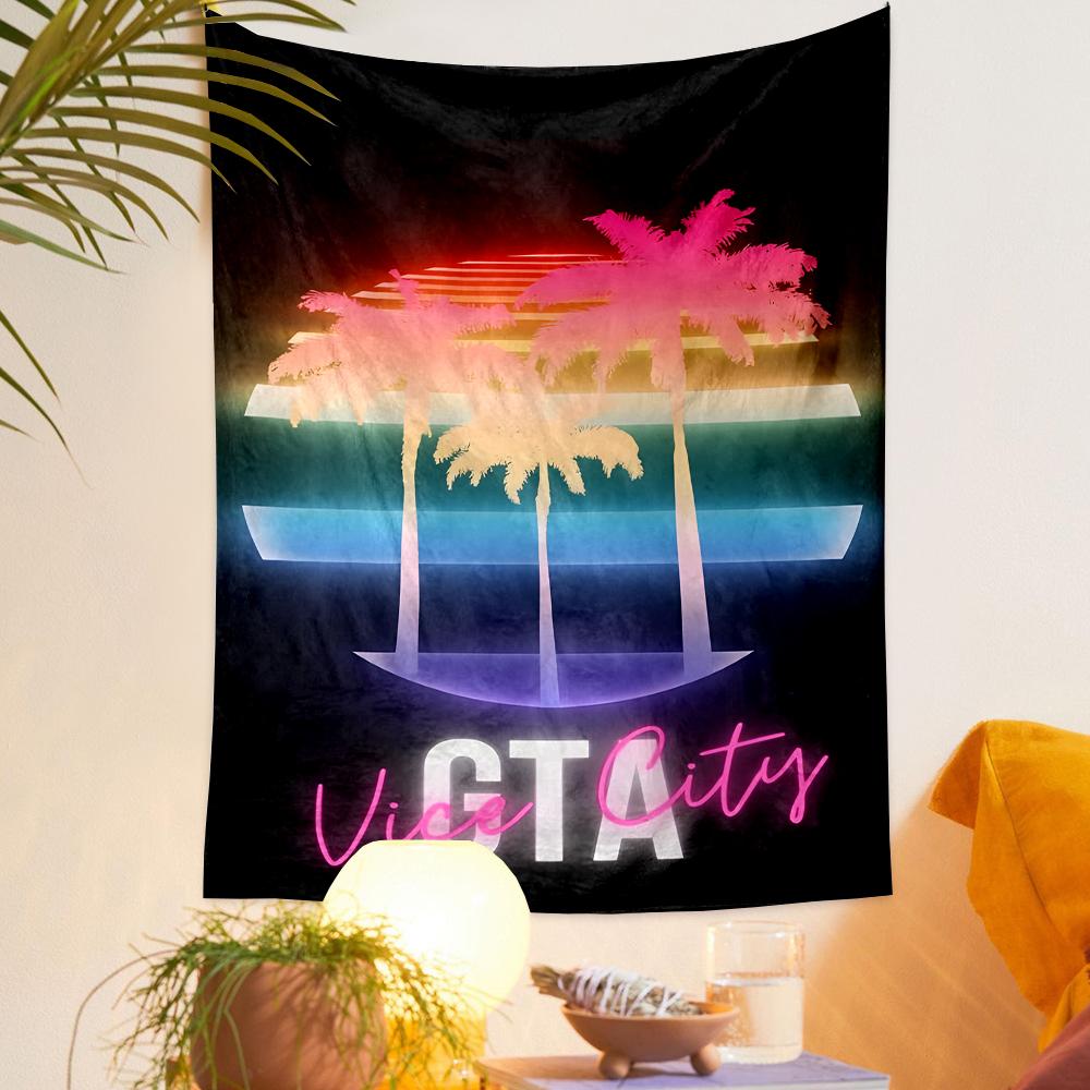 Художественный гобелен GTA Vice City Synthwave Закат с пальмами Неоновый Декор комнаты для видеоигр