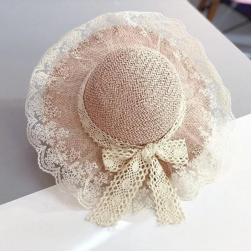 Cute Fashion Children's Summer Sun Protection Straw Hat Breathable Lace Sun Protection Hat Outing Sun Protection Beach Hat