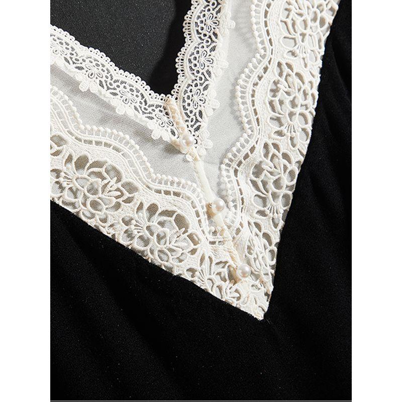 Gentle Breath Is Full! Girls Contrast Color Crocheted Flower V-neck Stitching Lotus Leaf Sleeve Pullover Lace Shirt Spring & Fall Winter Large T-shirt