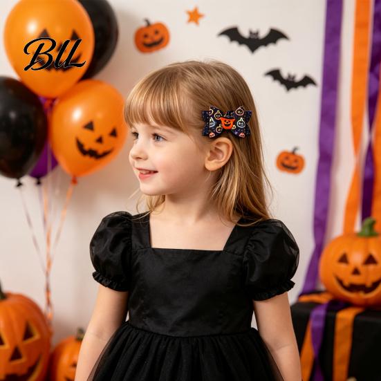 Glitter Bow Hair Accessories Halloween Clips for Kids Baby Girls, Double Layer Artificial Leather Ghost/Pumpkin/Eyeball Bowtie Pins Decorations