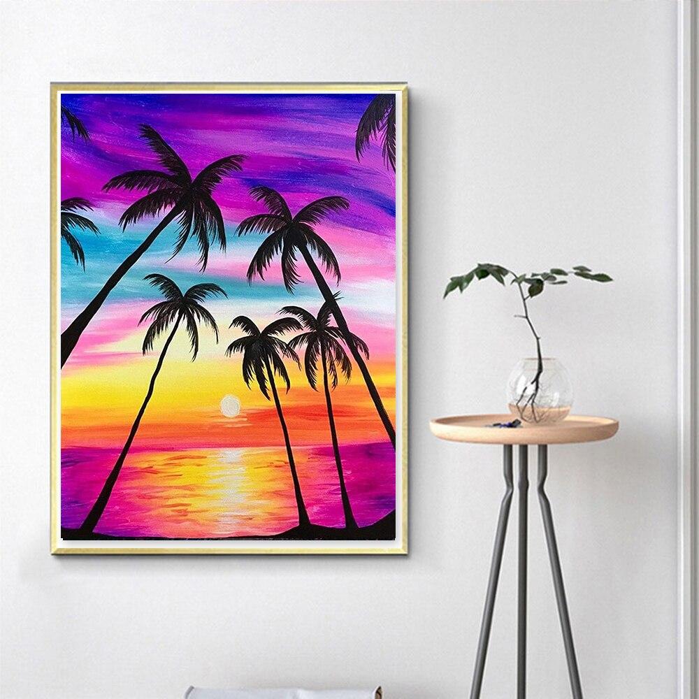DIY Diamond Painting Landscape Sunset Sea Full Drill Embroidery Tree Scenery Mosaic Art Picture of Rhinestones Home Decoration
