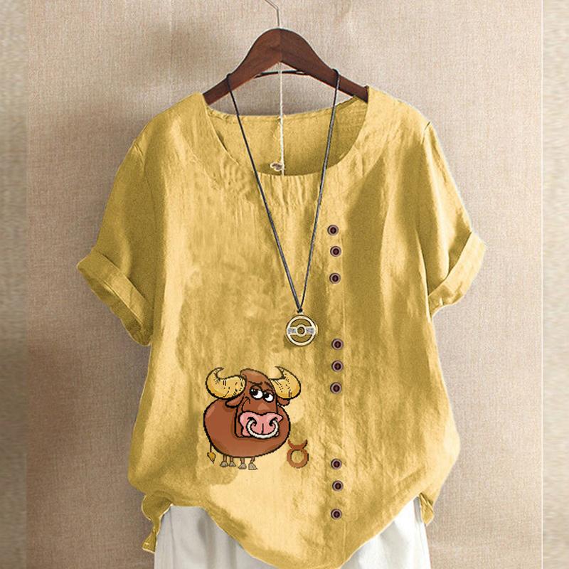 Women's Fashion Cattle Prined Round Neck Short Sleeve T-shirt Casual Cotton Linen Graphic Shirt Leisure Loose Summer Blouse Tops