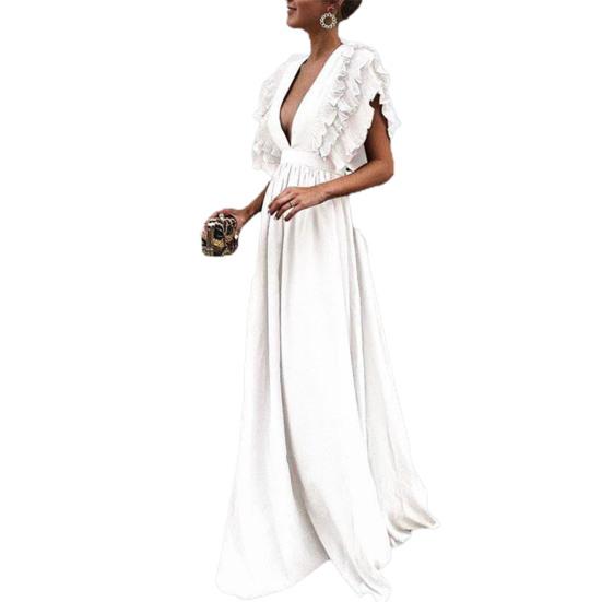 Women Prom Dress Flying Sleeve Ruffles Low-cut Deep V Neck Pleated Dress Up Floor Length High Waist Evening Dress Cocktail Dance Clothes