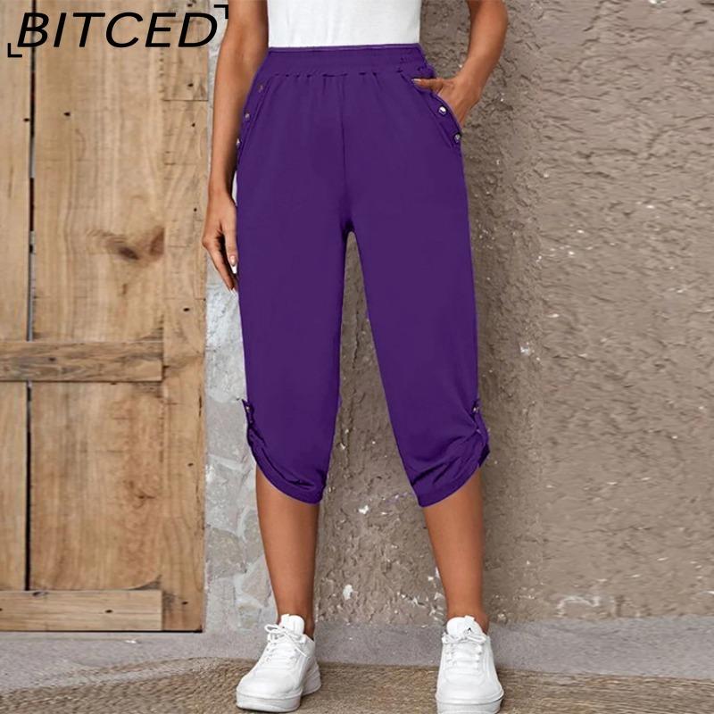 BITCED Женские укороченные брюки с карманами и эластичной талией, летние пуговицы