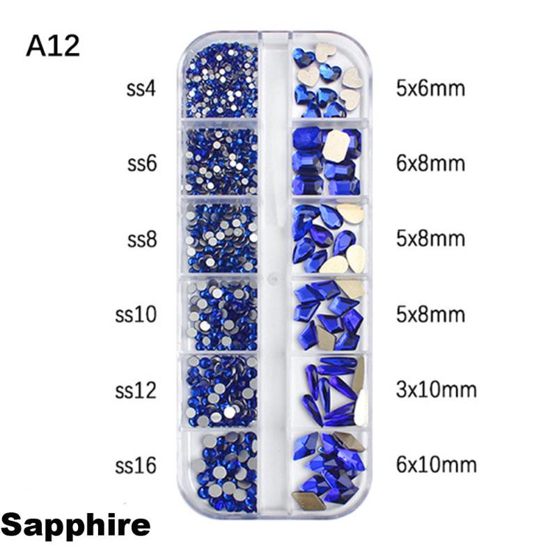 12-Grid 3D Nail Art Rhinestones Set Super-Shiny Flatback Adhesive Rhinestones for DIY Decorative Nail Art Multiple Shapes