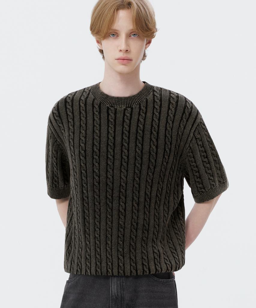 TRILLION Vintage Washed Cable Half Sleeve Knit [Black]