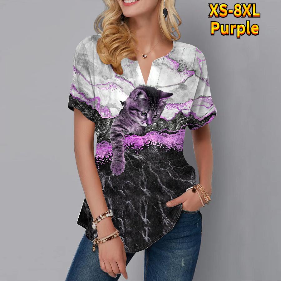 A T Women Summer Shirt Lovely Cat Print Short Sleeve Tees Casual Tops Small Vneck Short Sleeves