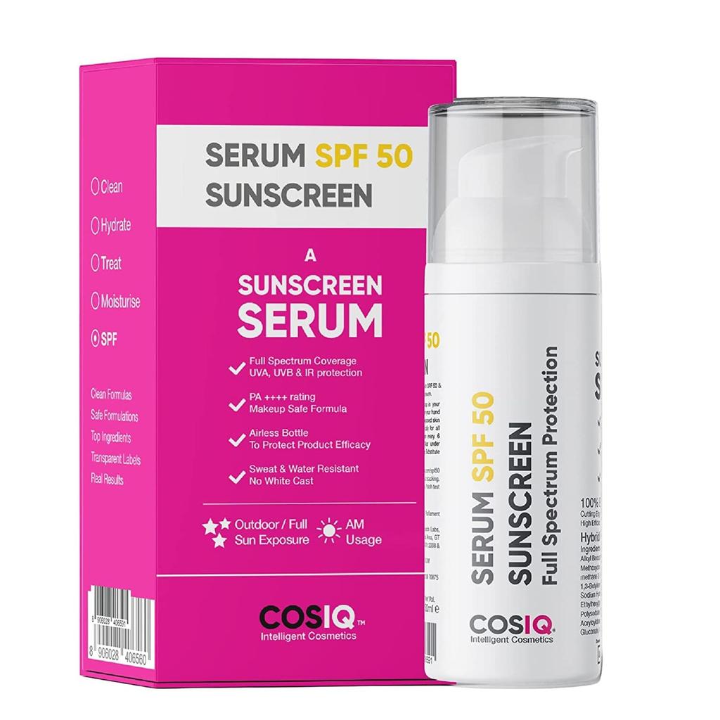 Cos-IQ Sunprotect Сыворотка-солнцезащита для улицы SPF 50 PA++++ | Широкий спектр защиты, Не оставляет белых следов, Увлажняющее сияющее покрытие | Для нормальной и сухой кожи | Клинически протестировано