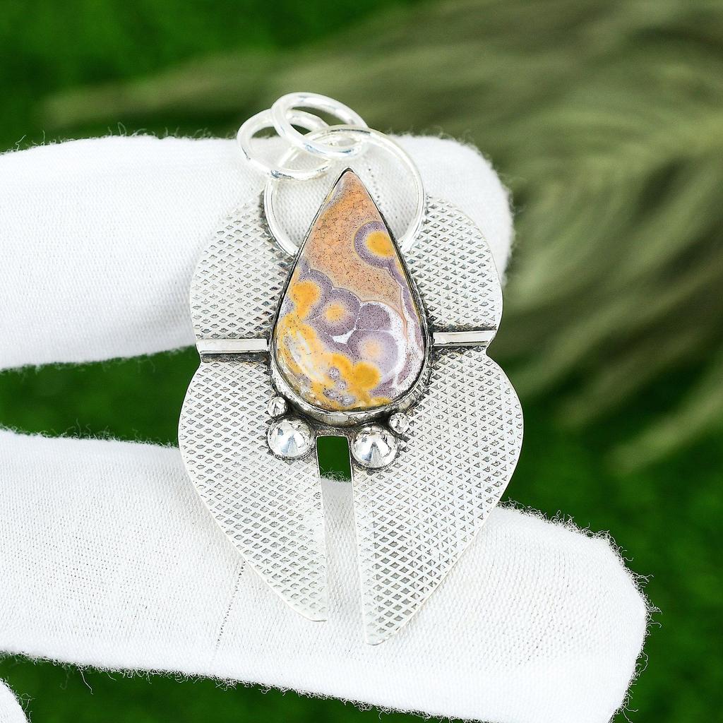 Pear Natural Cobra Jasper Bezel Boho Wedding Ethnic Pendant 925 Sterling Silver