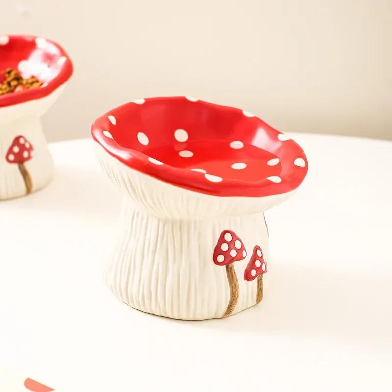 Elevated Raised Cat Bowl Cute Mushroom Cat Water Food Bowl Ceramic Cat Feeder Raised Wide Shallow kitten Food Dish