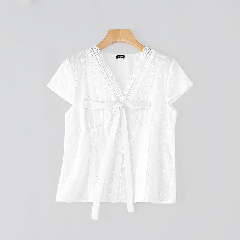 VONDA Women V Neck Short Sleeve Embroidery Buttons Up Crochet Lace Casual Blouse