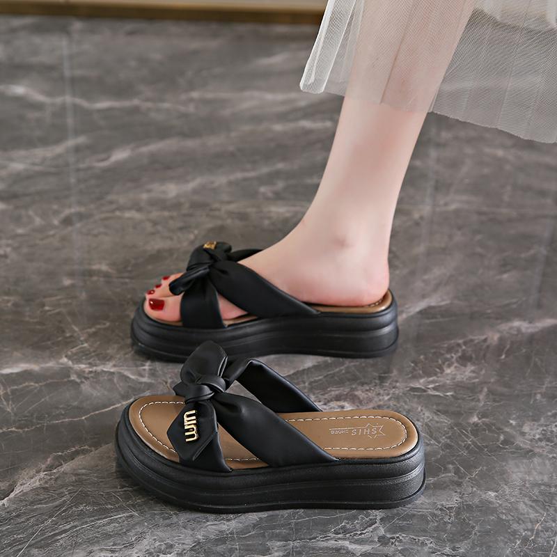 Женские милые тапочки с бантом, летние уличные нарядные с открытым носком, повседневные сандалии на толстой подошве для девочек, сандалии на платформе, большие размеры
